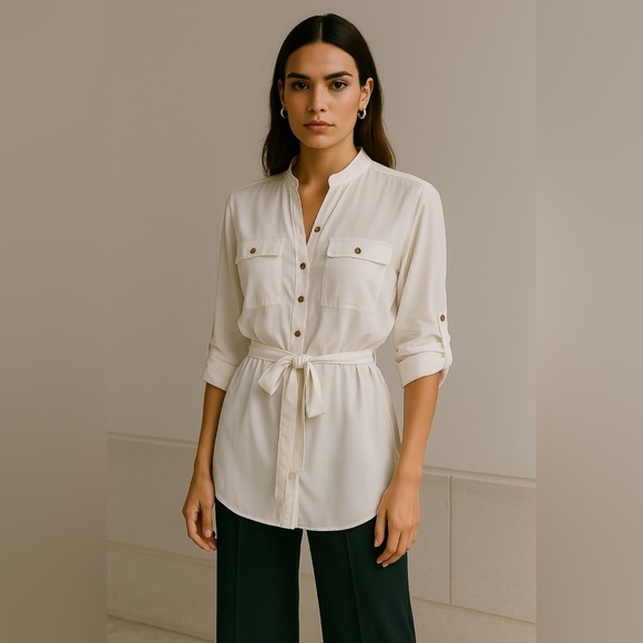 Calvin Klein Tops - Calvin Klein White Button-Up Tunic Long Blouse with waist tie up